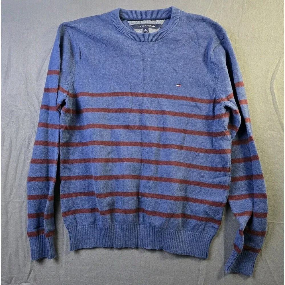 Tommy Hilfiger Sweater Mens XL Blue Burgundy Striped Crew Neck Knit Pullover